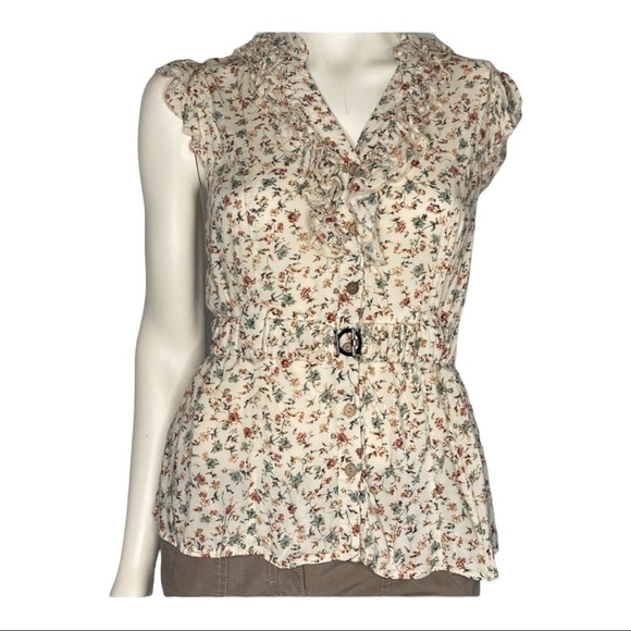 Edge Floral Ruffles Detail Button Down Tank Top Sz Med - Picture 1 of 8